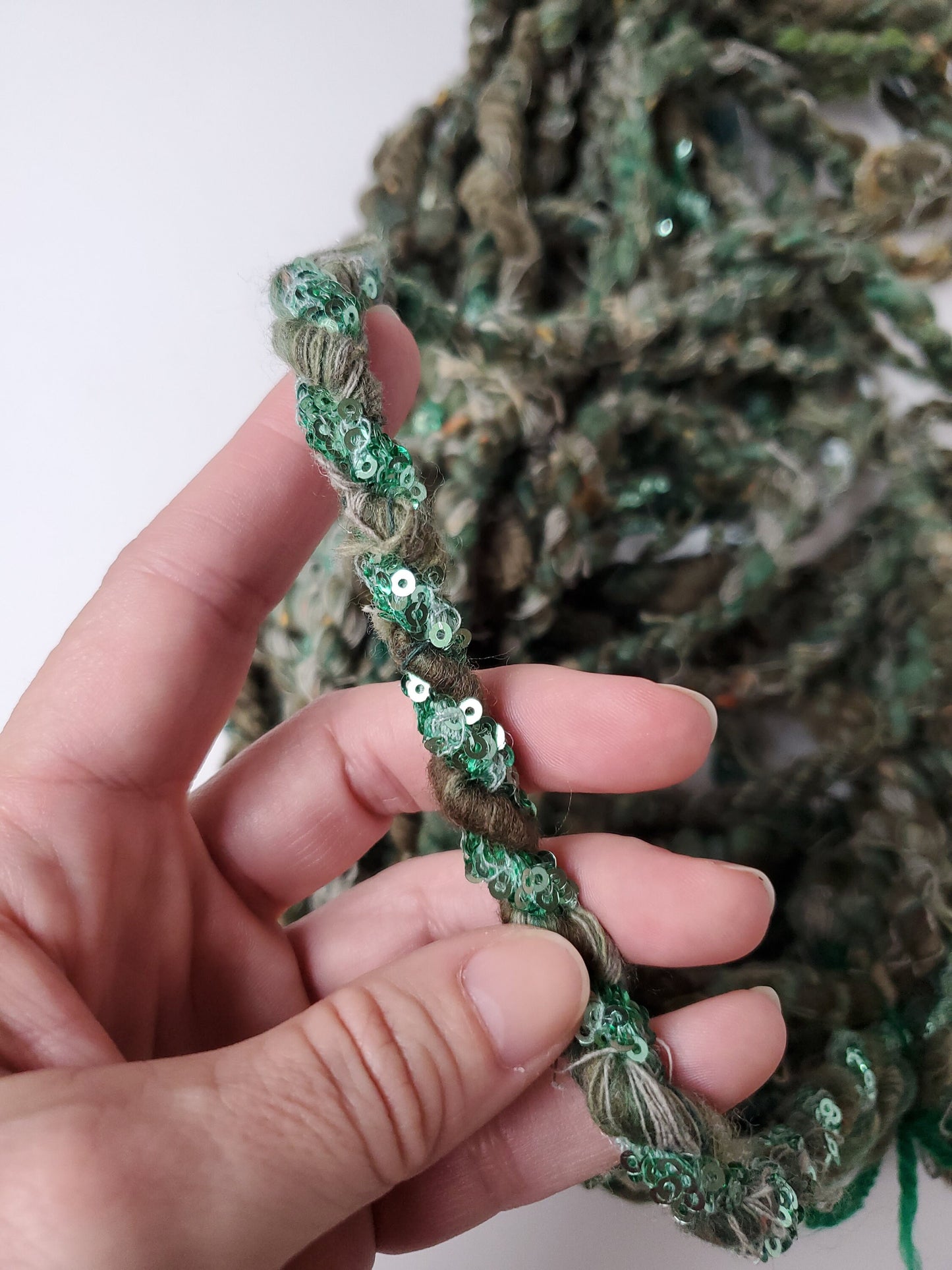 GREEN SCRAP HANDSPUN yarn 7+yrds, Handspun Art Yarn, Weaving and Fiber Arts, Scrap Yarn, Yarn
