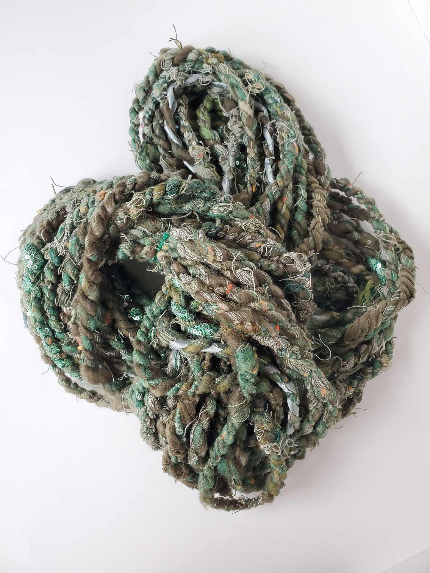 GREEN SCRAP HANDSPUN yarn 7+yrds, Handspun Art Yarn, Weaving and Fiber Arts, Scrap Yarn, Yarn