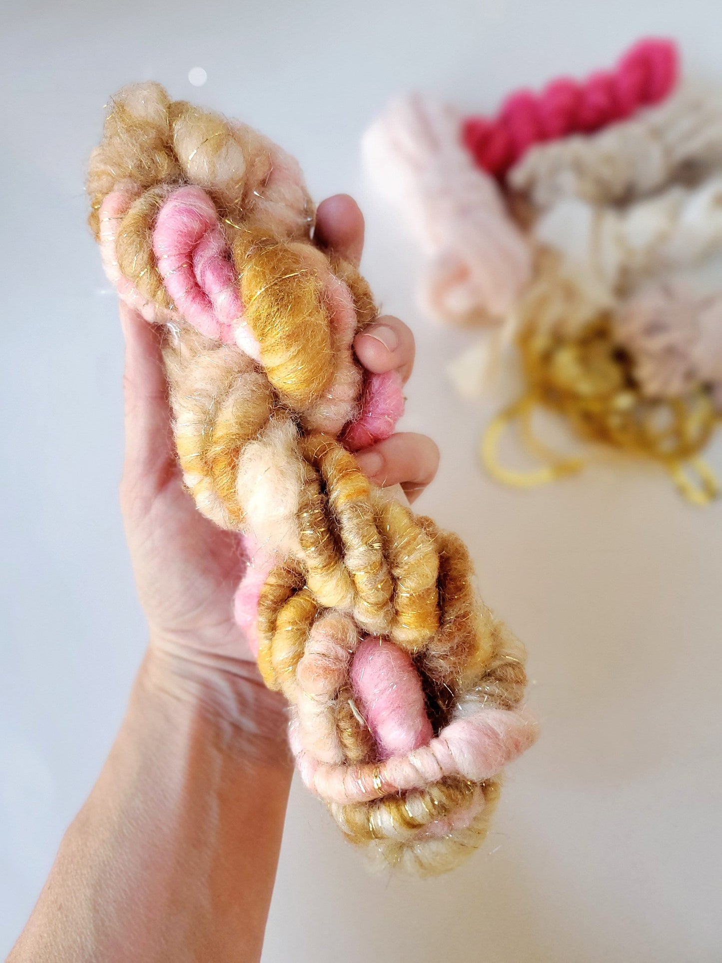 PINK GOLD (de) STASH bOX, Handspun Art Yarn, Weaving and Fiber Arts, Scrap Yarn, Yarn