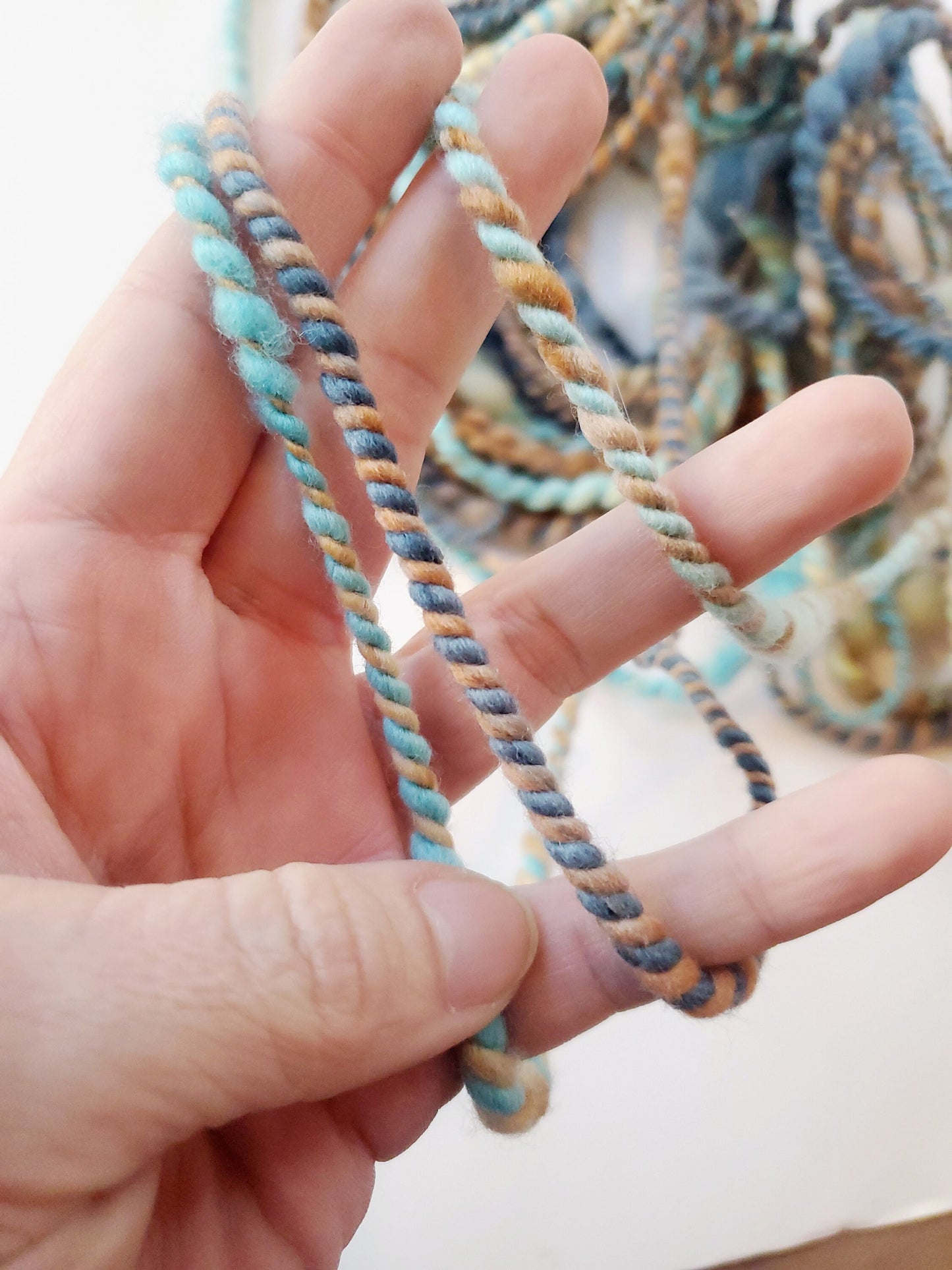 BLUES n BROWNS 17yrds, Handspun Art Yarn, Weaving and Fiber Arts, Scrap Yarn, Yarn