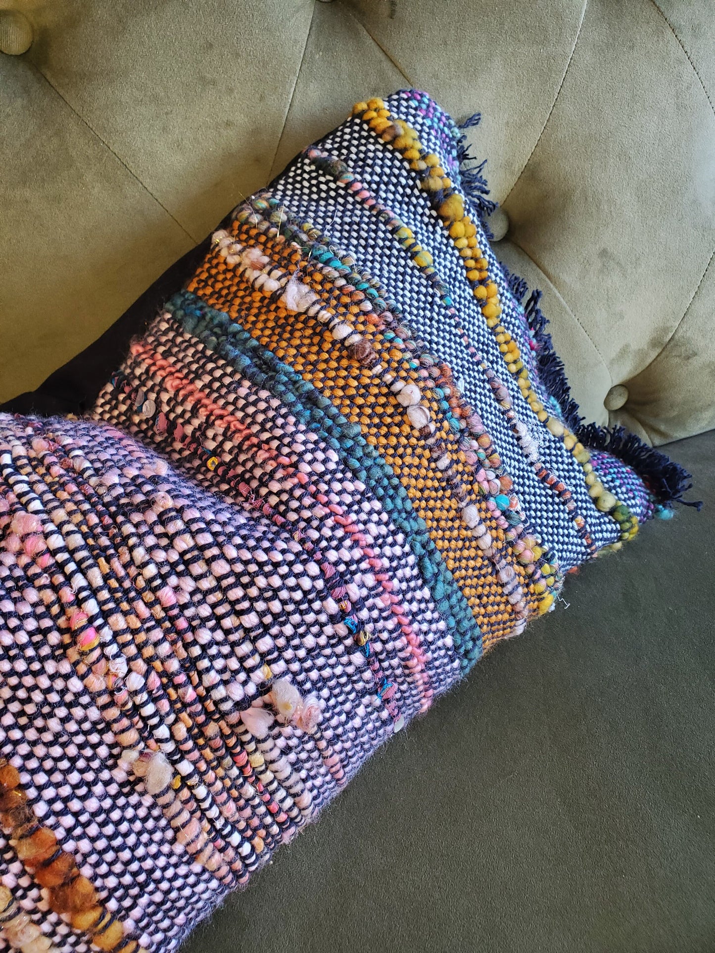 HANDWOVEN (feather) PILLOW, Handspun Art Yarn, Weaving and Fiber Arts, Scrap Yarn, Yarn, woven