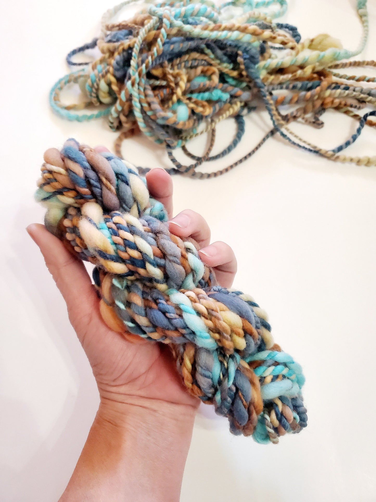 BLUES n BROWNS 17yrds, Handspun Art Yarn, Weaving and Fiber Arts, Scrap Yarn, Yarn
