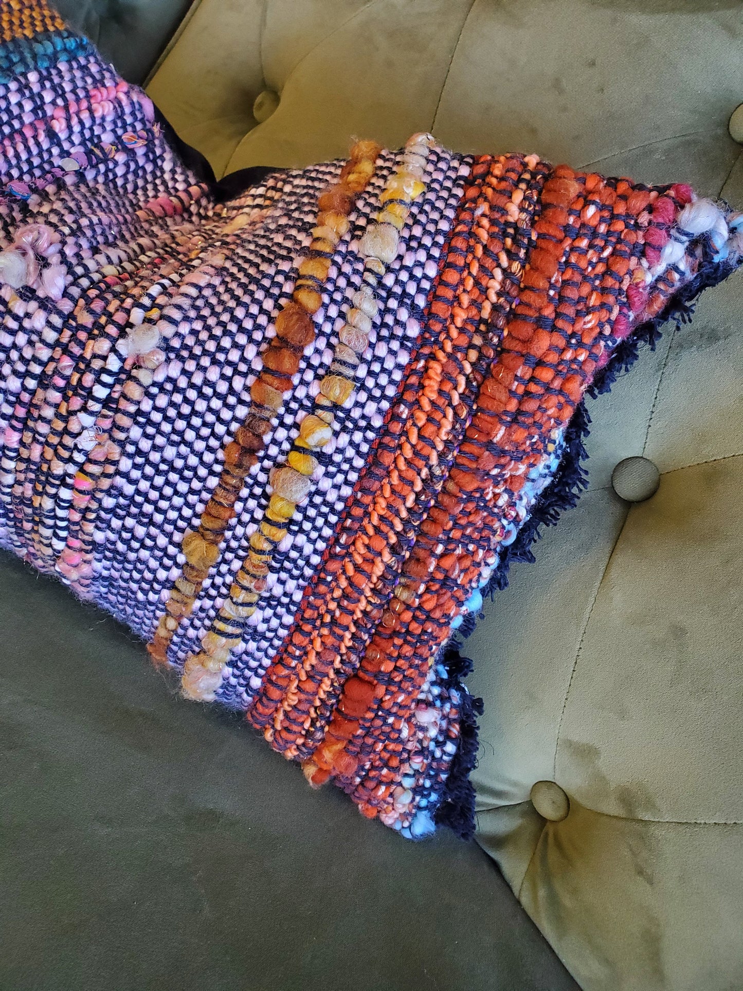HANDWOVEN (feather) PILLOW, Handspun Art Yarn, Weaving and Fiber Arts, Scrap Yarn, Yarn, woven