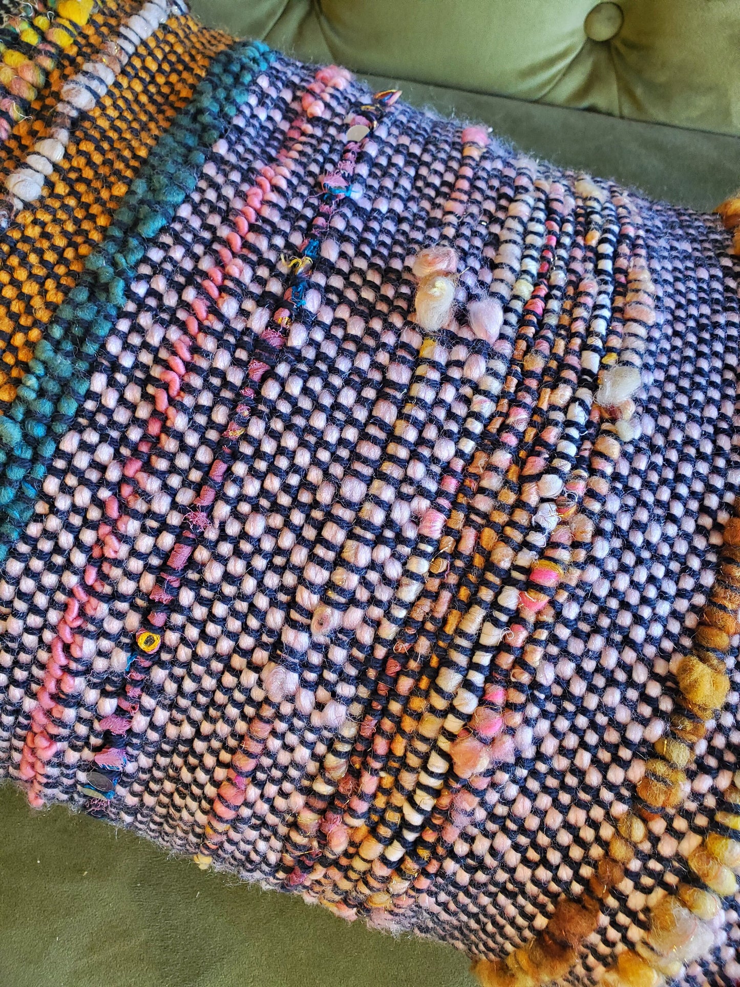 HANDWOVEN (feather) PILLOW, Handspun Art Yarn, Weaving and Fiber Arts, Scrap Yarn, Yarn, woven