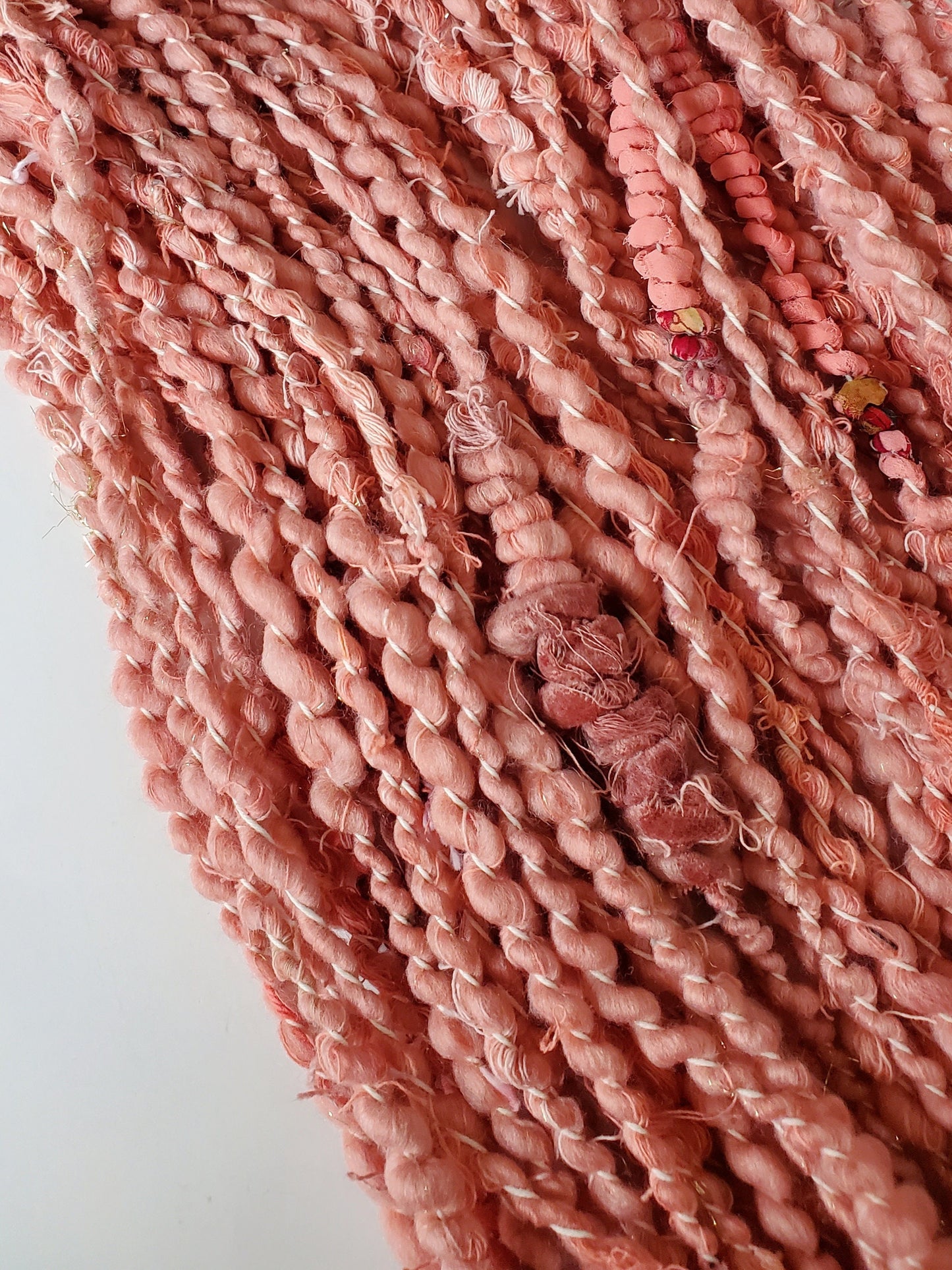 PINK SPIRALS 5yrds, Handspun Art Yarn, Weaving and Fiber Arts, Scrap Yarn, Yarn