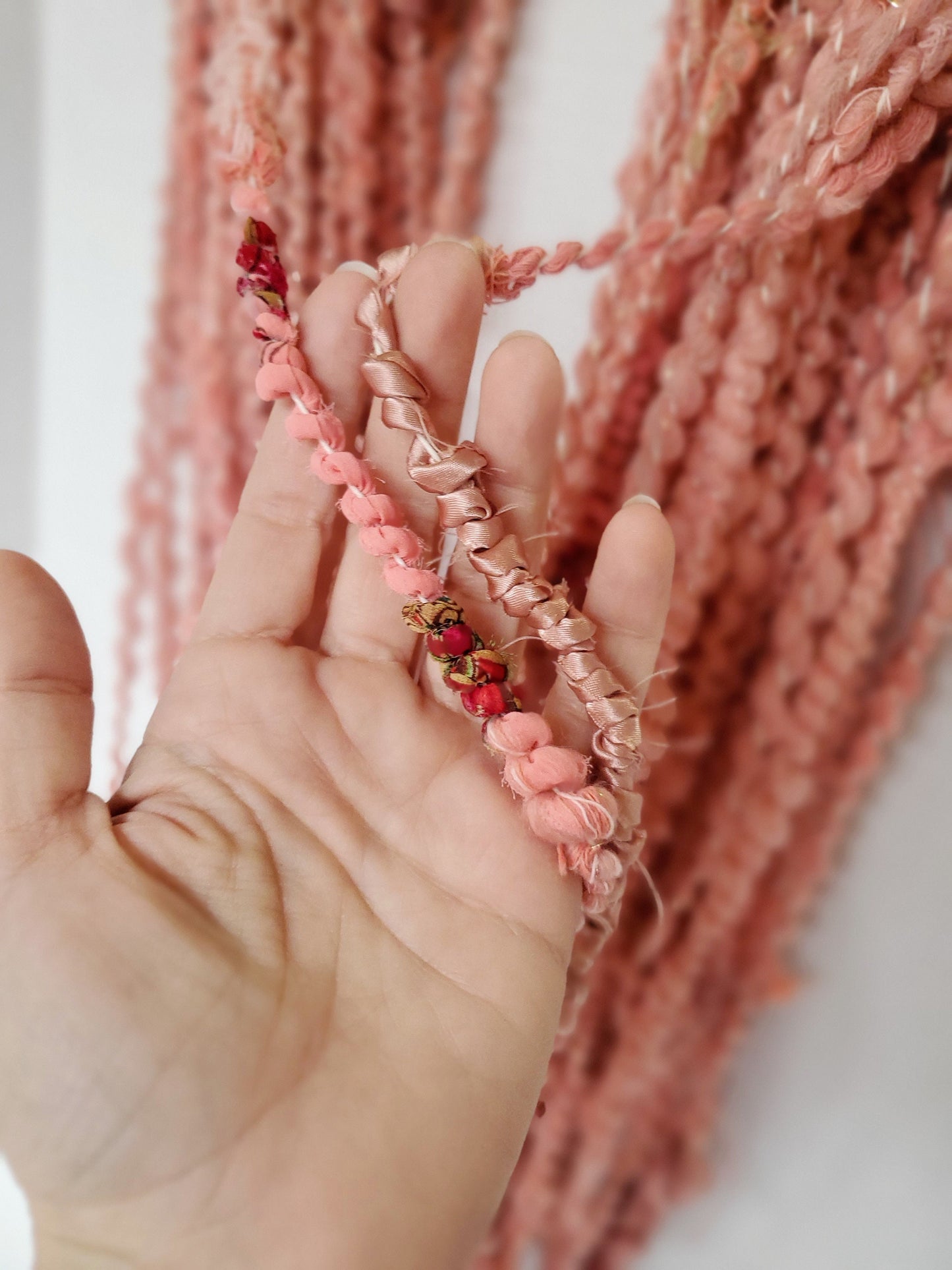 PINK SPIRALS 5yrds, Handspun Art Yarn, Weaving and Fiber Arts, Scrap Yarn, Yarn