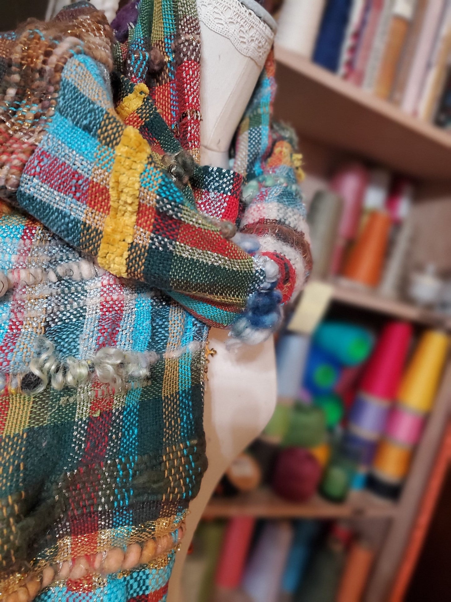 HANDWOVEN HOLIDAY scrap SCARF, Weaving and Fiber Arts, Yarn, woven scarf