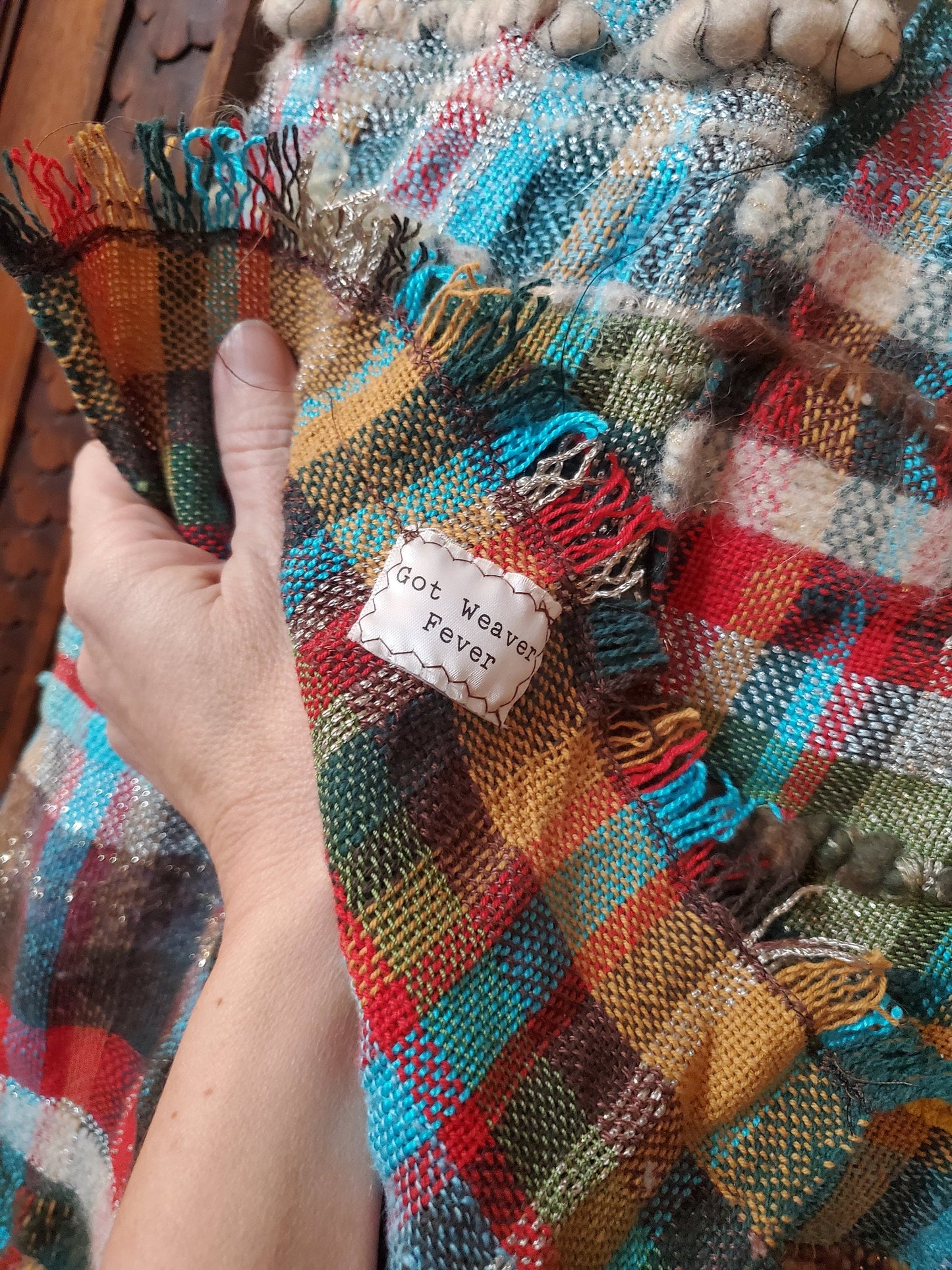 HANDWOVEN HOLIDAY scrap SCARF, Weaving and Fiber Arts, Yarn, woven scarf