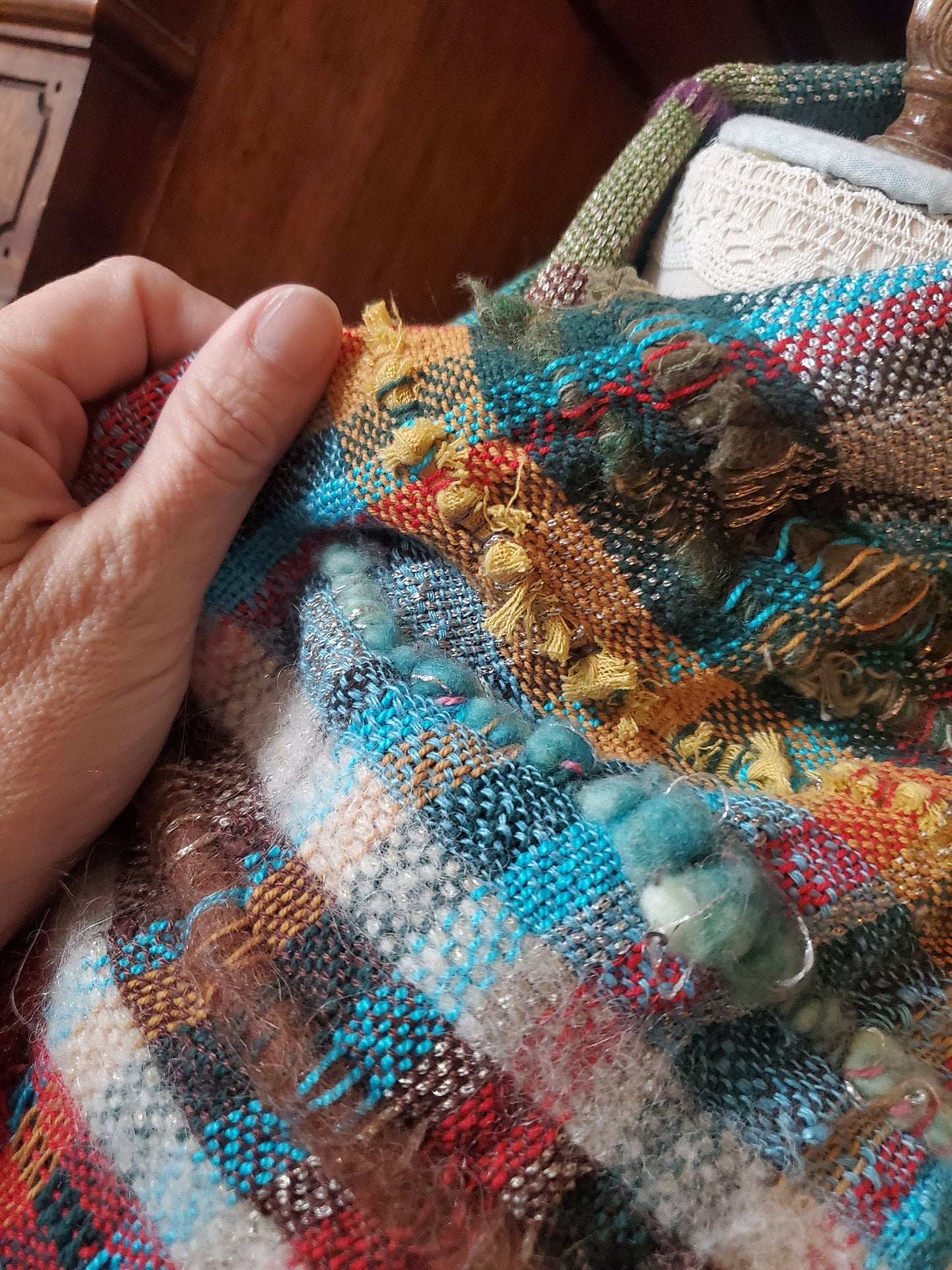 HANDWOVEN HOLIDAY scrap SCARF, Weaving and Fiber Arts, Yarn, woven scarf