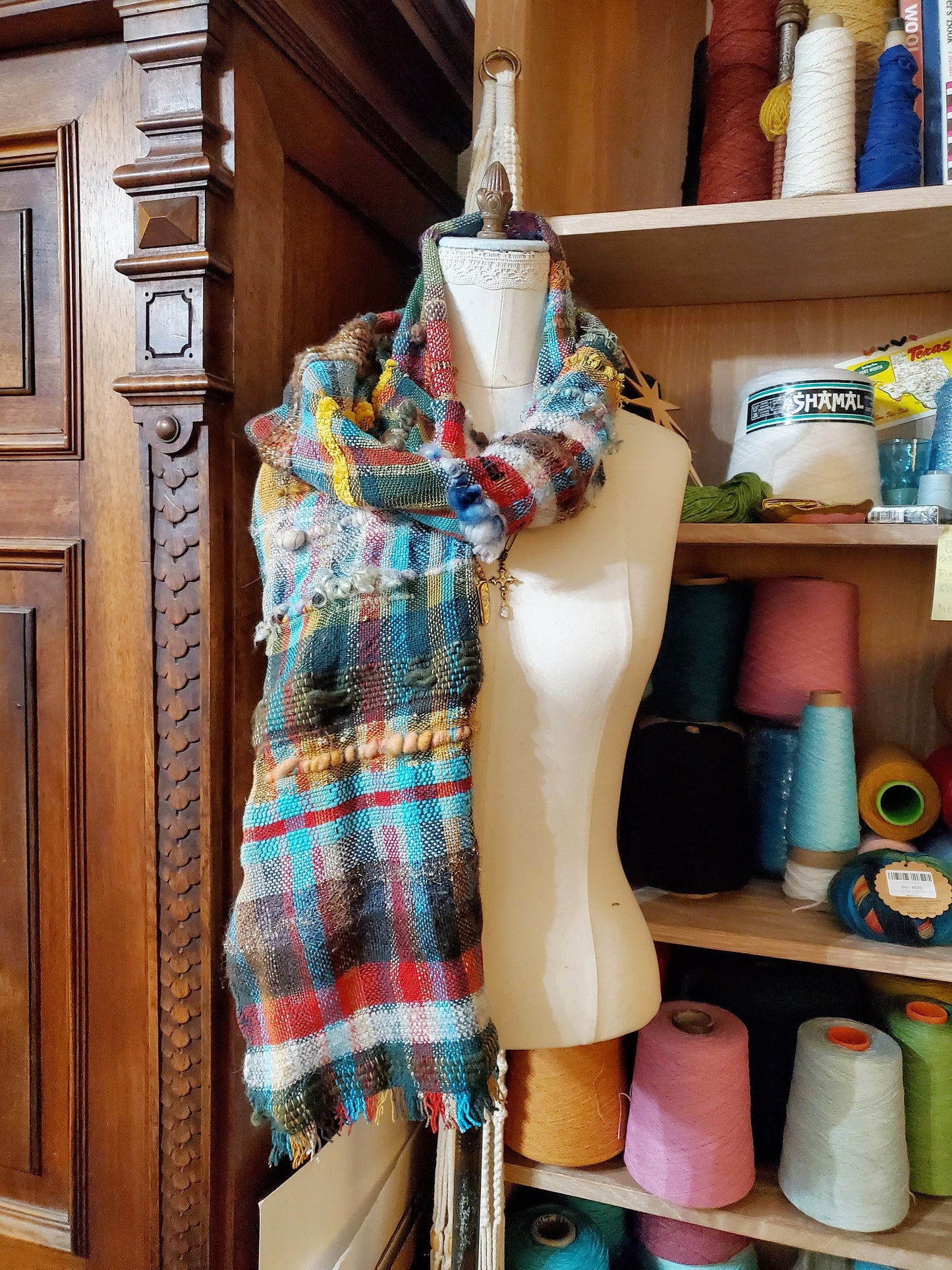 HANDWOVEN HOLIDAY scrap SCARF, Weaving and Fiber Arts, Yarn, woven scarf