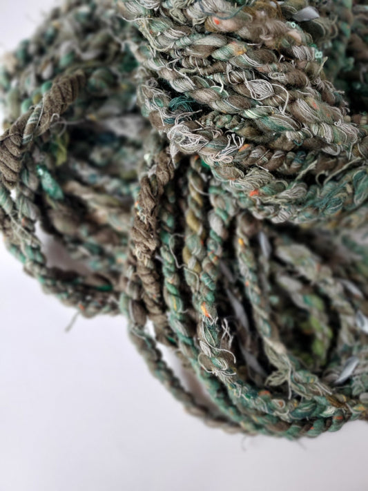 GREEN SCRAP HANDSPUN yarn 7+yrds, Handspun Art Yarn, Weaving and Fiber Arts, Scrap Yarn, Yarn