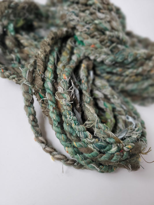 GREEN SCRAP HANDSPUN yarn 7+yrds, Handspun Art Yarn, Weaving and Fiber Arts, Scrap Yarn, Yarn