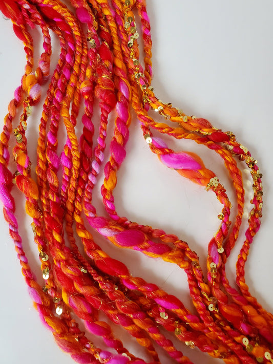 HOT PEPPER 9yrds, Handspun Art Yarn, Weaving and Fiber Arts, Scrap Yarn, Yarn