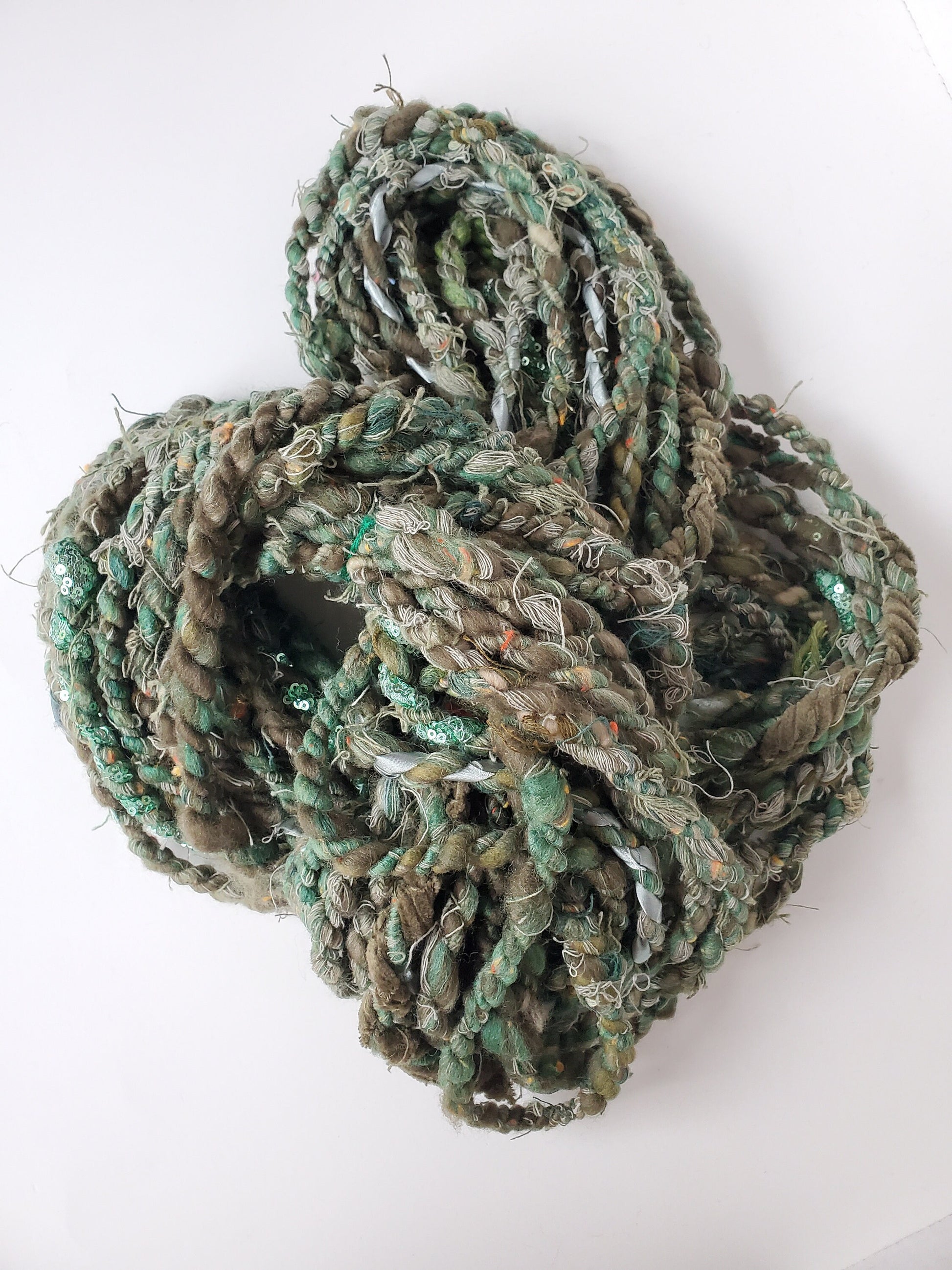 GREEN SCRAP HANDSPUN yarn 7+yrds, Handspun Art Yarn, Weaving and Fiber Arts, Scrap Yarn, Yarn