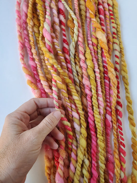 PINK LADY 2PLY 4.5yrds, Handspun Art Yarn, Weaving and Fiber Arts, Scrap Yarn, Yarn