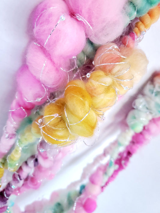 FLAMINGO FLOATY 3yrds, Handspun Art Yarn, Weaving and Fiber Arts, Scrap Yarn, Yarn