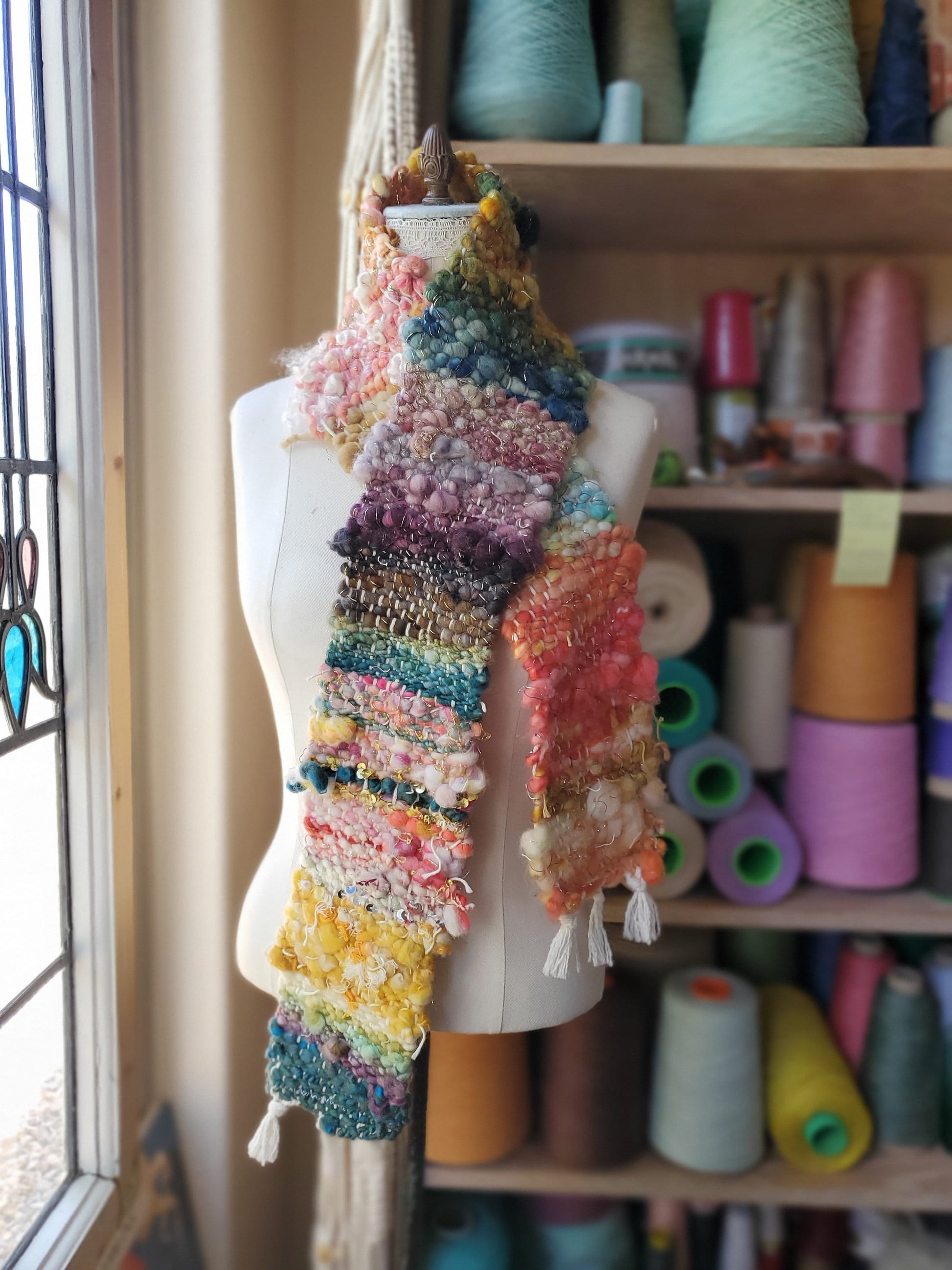 HANDSPUN SCARF, Handspun Art Yarn, Weaving and Fiber Arts, Scrap Yarn, Yarn, woven scarf
