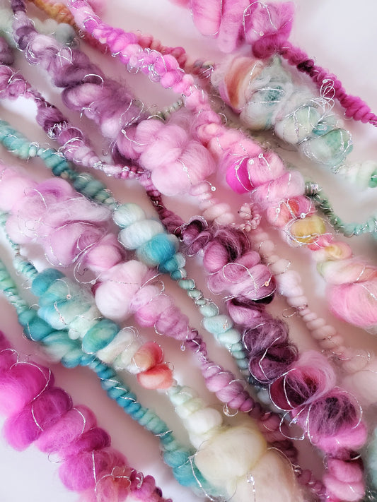 FLAMINGO FLOATY 3yrds, Handspun Art Yarn, Weaving and Fiber Arts, Scrap Yarn, Yarn