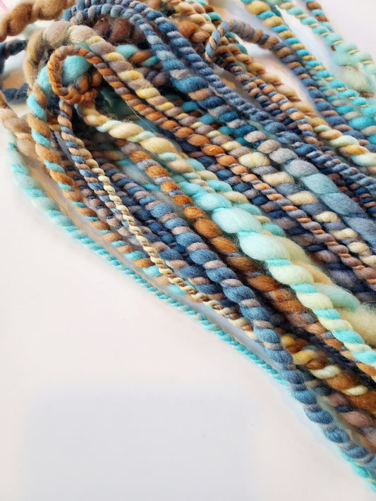 BLUES n BROWNS 17yrds, Handspun Art Yarn, Weaving and Fiber Arts, Scrap Yarn, Yarn