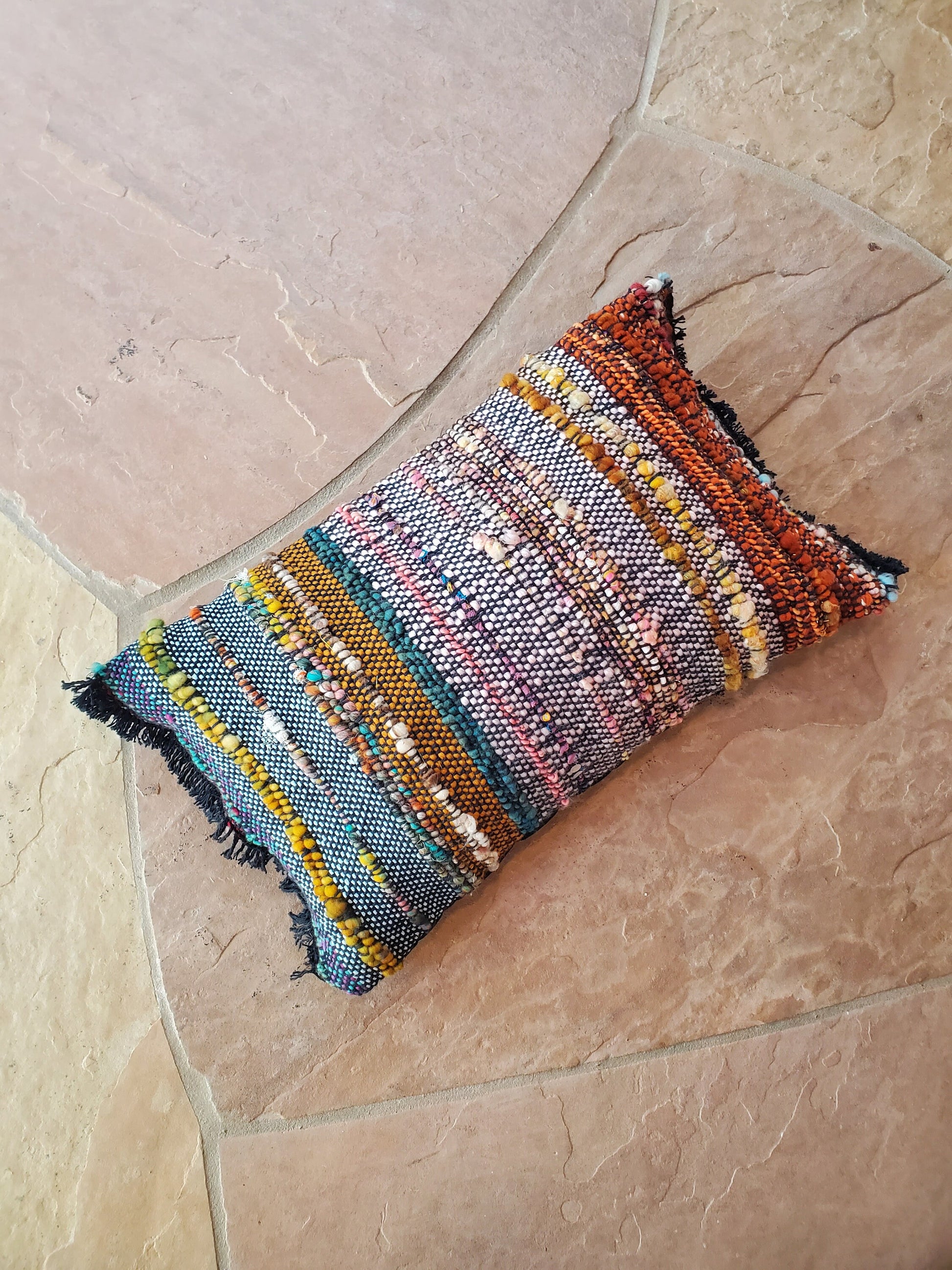 HANDWOVEN (feather) PILLOW, Handspun Art Yarn, Weaving and Fiber Arts, Scrap Yarn, Yarn, woven
