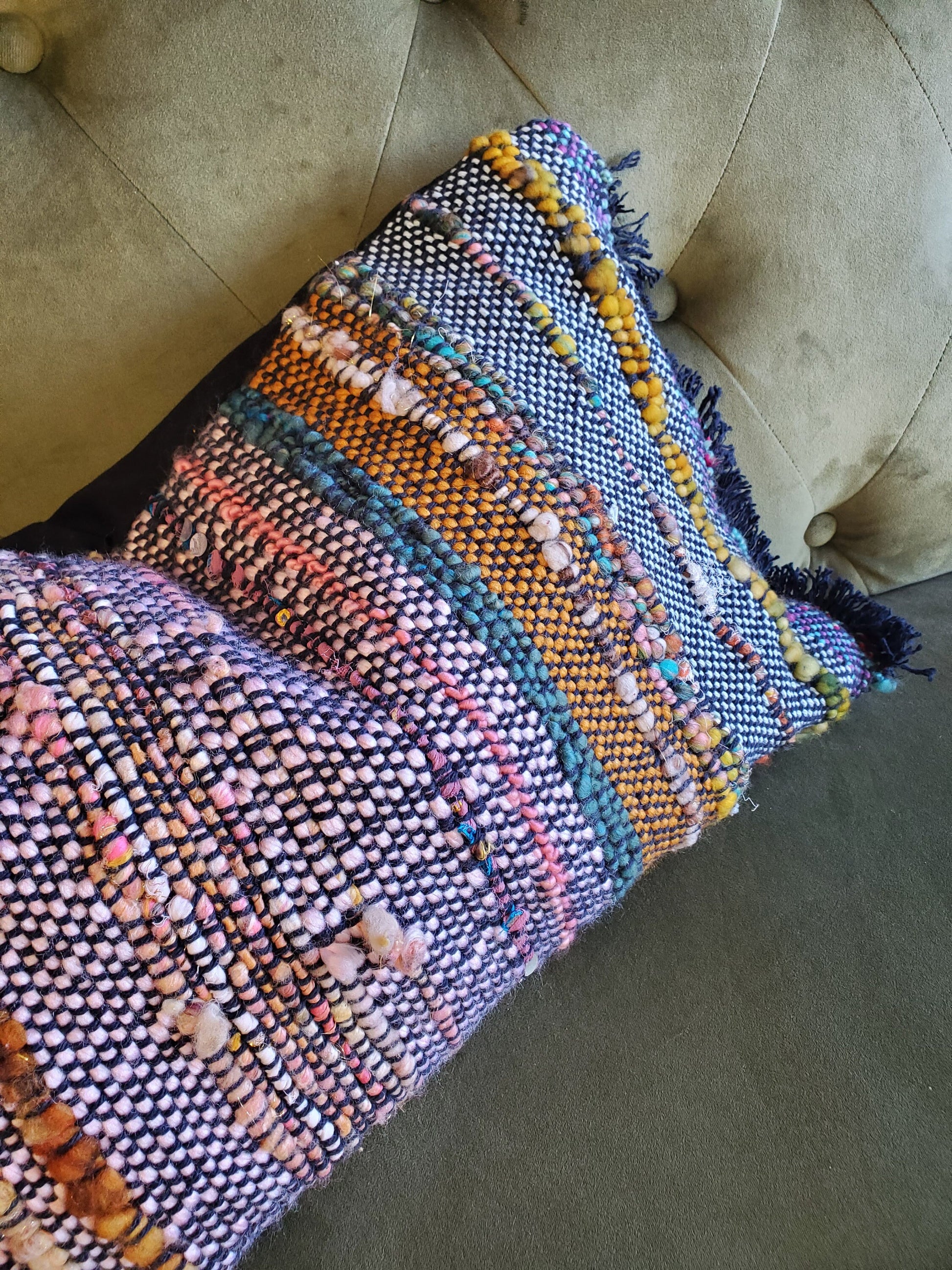 HANDWOVEN (feather) PILLOW, Handspun Art Yarn, Weaving and Fiber Arts, Scrap Yarn, Yarn, woven