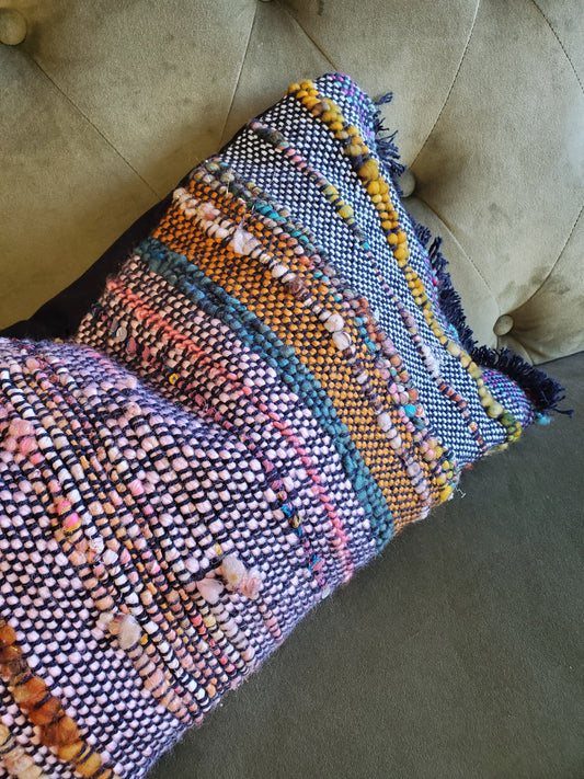HANDWOVEN (feather) PILLOW, Handspun Art Yarn, Weaving and Fiber Arts, Scrap Yarn, Yarn, woven