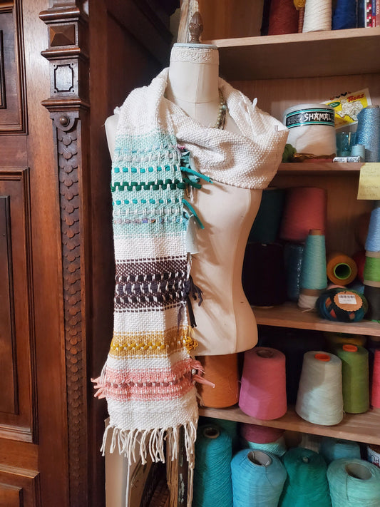 ALEXIS HANDWOVEN SCARF, Handspun Art Yarn, Weaving and Fiber Arts, Scrap Yarn, Yarn, woven scarf