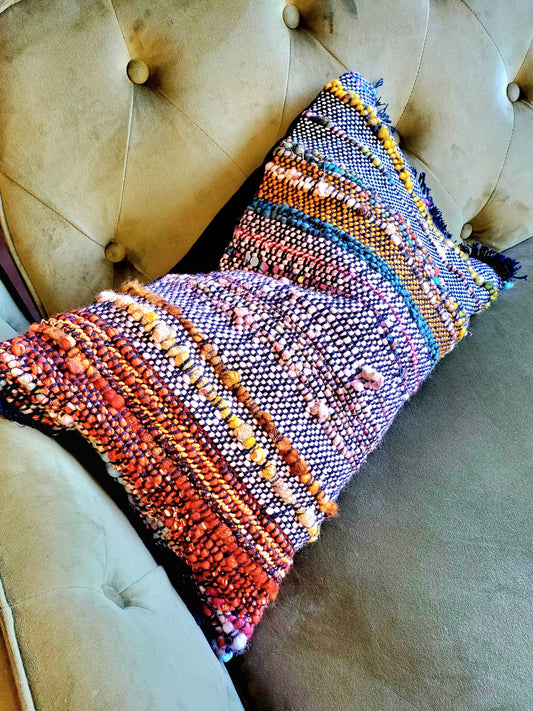 HANDWOVEN (feather) PILLOW, Handspun Art Yarn, Weaving and Fiber Arts, Scrap Yarn, Yarn, woven