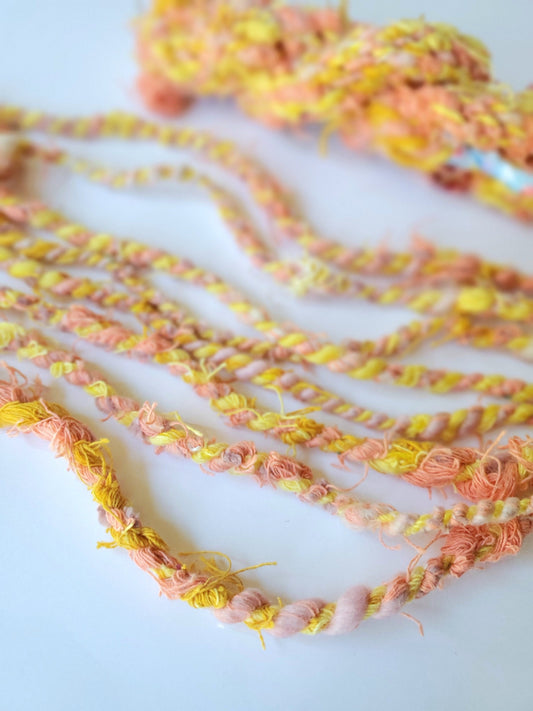 YELLOW PINK 5yrds, Handspun Art Yarn, Weaving and Fiber Arts, Scrap Yarn, Yarn