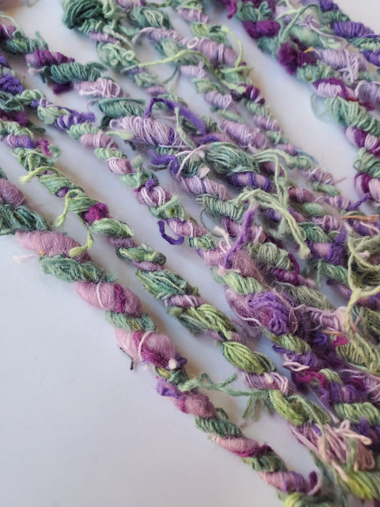 PURPLE GREEN 5yrds, Handspun Art Yarn, Weaving and Fiber Arts, Scrap Yarn, Yarn