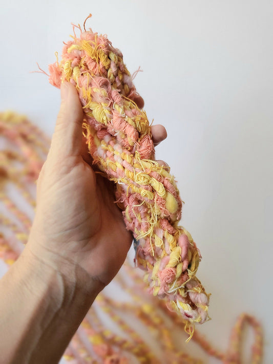 YELLOW PINK 5yrds, Handspun Art Yarn, Weaving and Fiber Arts, Scrap Yarn, Yarn