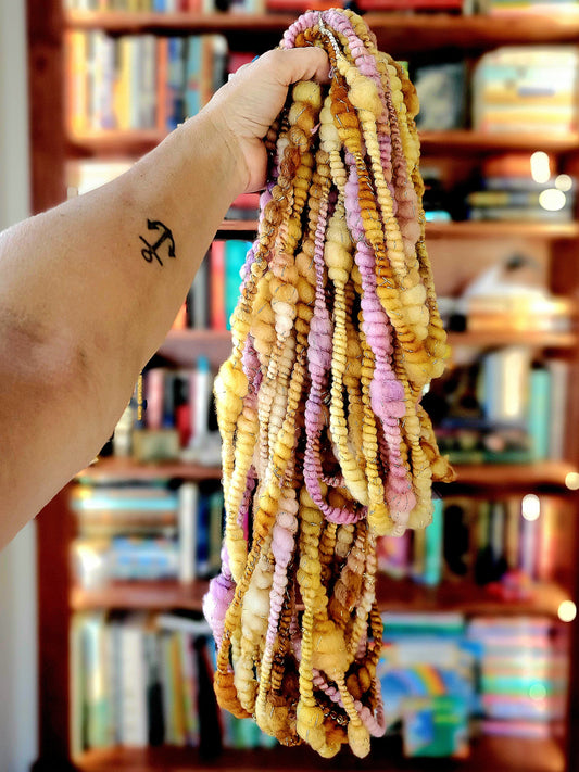 SWEET PEA 8yrds, Handspun Art Yarn, Weaving and Fiber Arts, Scrap Yarn, Yarn