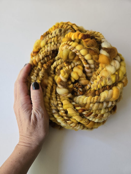 BUTTERBEER 7yrds, Handspun Art Yarn, Weaving and Fiber Arts, Scrap Yarn, Yarn