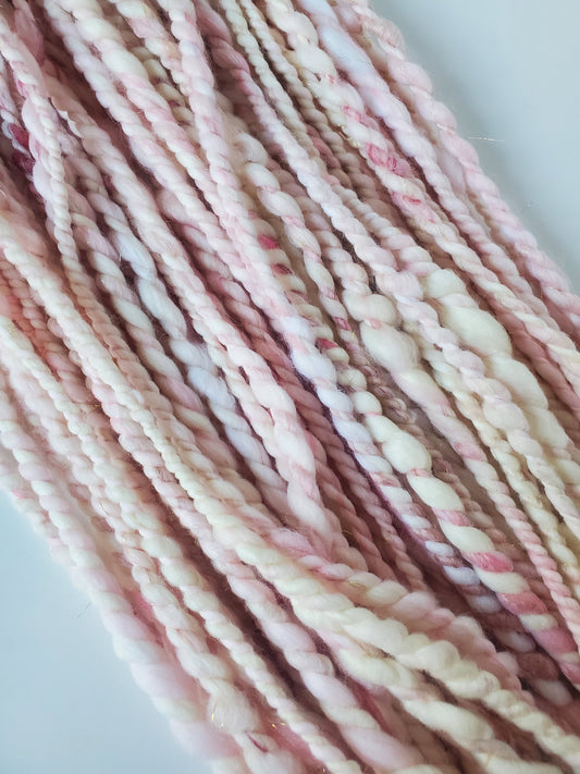 PINK PEPPERMINT 8yrds, Handspun Art Yarn, Weaving and Fiber Arts, Scrap Yarn, Yarn