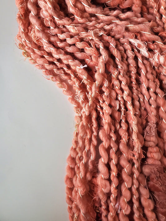 PINK SPIRALS 5yrds, Handspun Art Yarn, Weaving and Fiber Arts, Scrap Yarn, Yarn