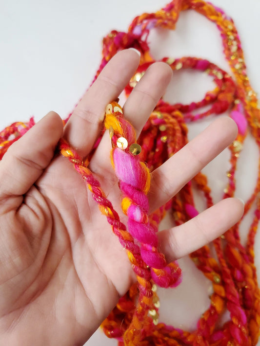 HOT PEPPER 9yrds, Handspun Art Yarn, Weaving and Fiber Arts, Scrap Yarn, Yarn