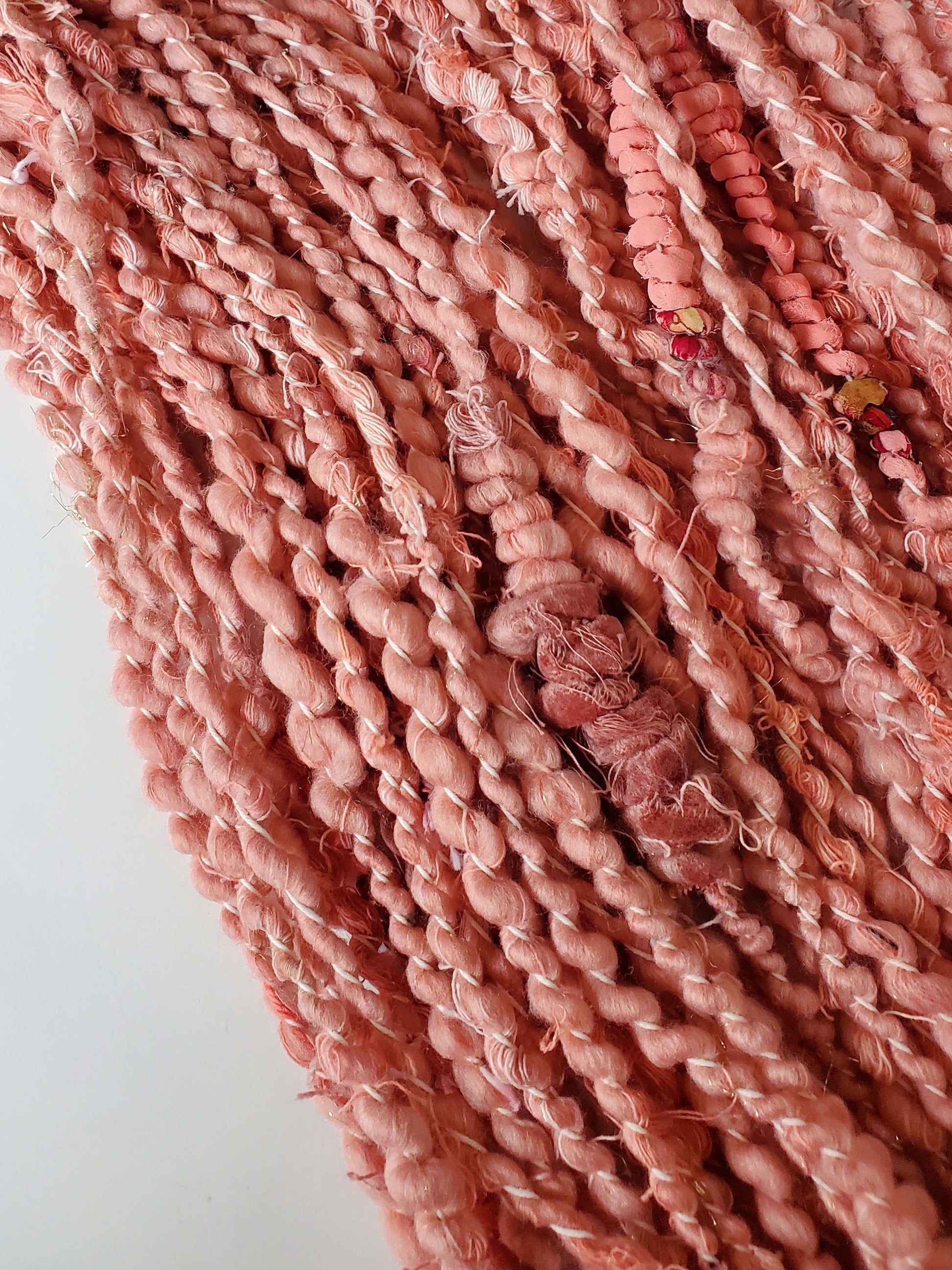 PINK SPIRALS 5yrds, Handspun Art Yarn, Weaving and Fiber Arts, Scrap Yarn, Yarn
