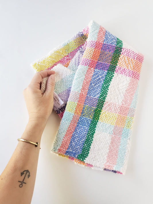 perfectly imperfect HANDWOVEN DISH TOWEL, Handspun Art Yarn, Weaving and Fiber Arts, Scrap Yarn, Yarn, woven towel rag
