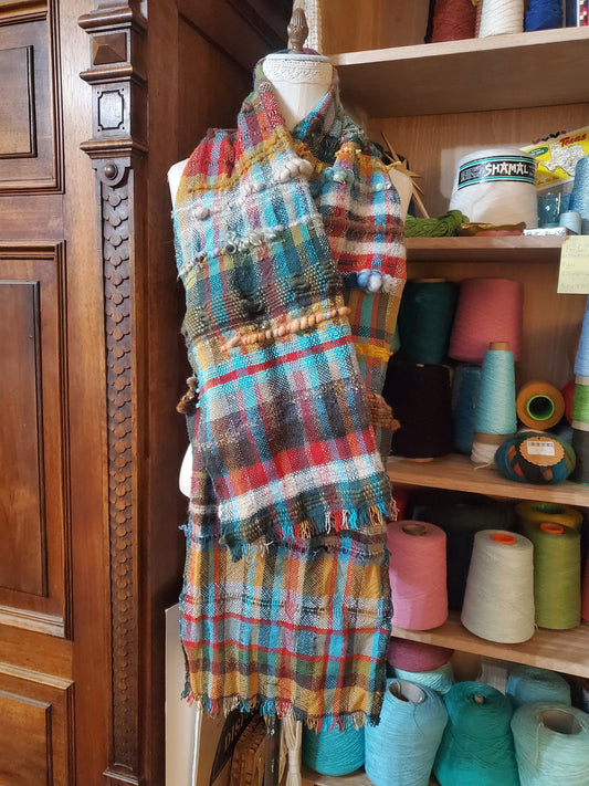 HANDWOVEN HOLIDAY scrap SCARF, Weaving and Fiber Arts, Yarn, woven scarf